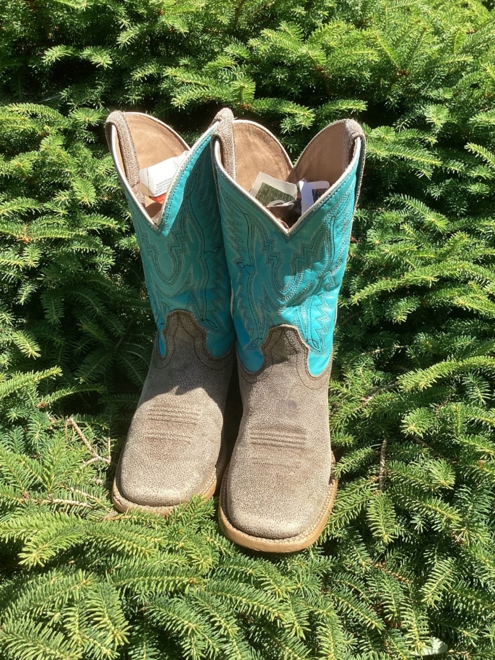 Ariat Turquoise Teal Blue And Brown Square Toe Western Cowgirl Kids Boots🦋 - Picture 4 of 14